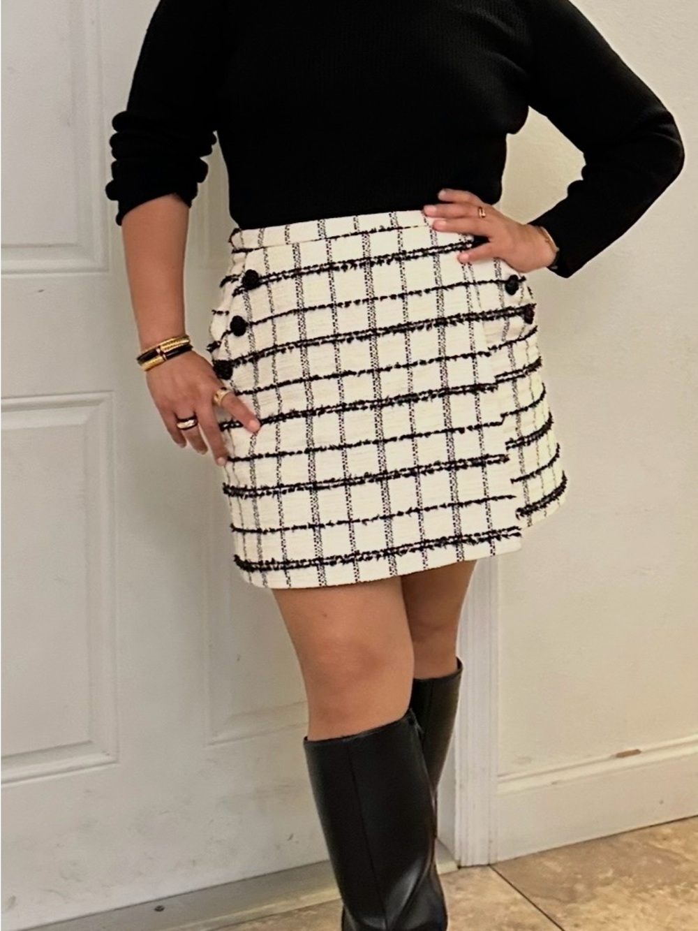 Mestiza NY Black & White Check Tweed Mini Skirt with Button Detail